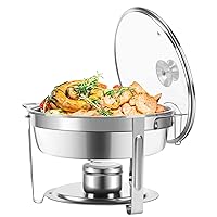 5 Qt Chafing Dish Buffet Set with Visible Glass Lid and Holder, Stainless Steel Round Chafers and Buffet Warmers Sets with Food and Water Trays for Catering, Parties and Weddings, Silver, 1Pack
