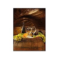 Wine Cellar Art Poster. Mural Grape Vine Cellar with White Grape Vine Glass on Barrel. Retro Trendy Canvas Painting Posters And Prints Wall Art Pictures for Living Room Bedroom Decor 16x20inch(40x51c