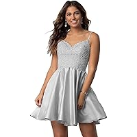 CWOAPO Teens Spaghetti Straps V Neck Homecoming Dresses Lace Appliques Short Satin Dress with Pockets for Prom Party