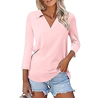 Women's 3/4 Sleeve T Shirts Summer V Neck Solid Color Casual Polo Shirts Collared Casual Basic Tees Blouse
