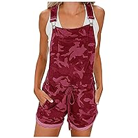 Women Fashion Camo Drawstring Denim Overalls Summer Sleeveless Adjustable Suspender Casual Rompers with Pockets