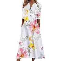 Summer Dress Women Casual Floral Print Midi Dress Button V Neck Short Sleeve Dresses Flowy Boho Beach Party Sundress