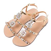Summer Women`S Peep Toe Sandals Female Diamond Flat Shoes Lady Casual Beach Slippers Plus Size Golden 6.5