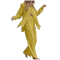 Cotton Linen Long Sets for Women Long Sleeve Button Up Blouses and Wide Leg Pants Beach Outfits Lounge Tracksuits
