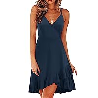 Short Sleeve Dresses, Fashion V Neck for Women Sleeveless Summer Beach Dress A Line Spaghetti Strap Sundresses Lantern Cotton Dresses Strapless 2024 Spring Cocktail Dresses (L, Navy)