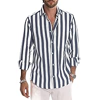 Mens Linen Button Down Long Sleeve Casual Shirts Cotton Striped Dress Shirt