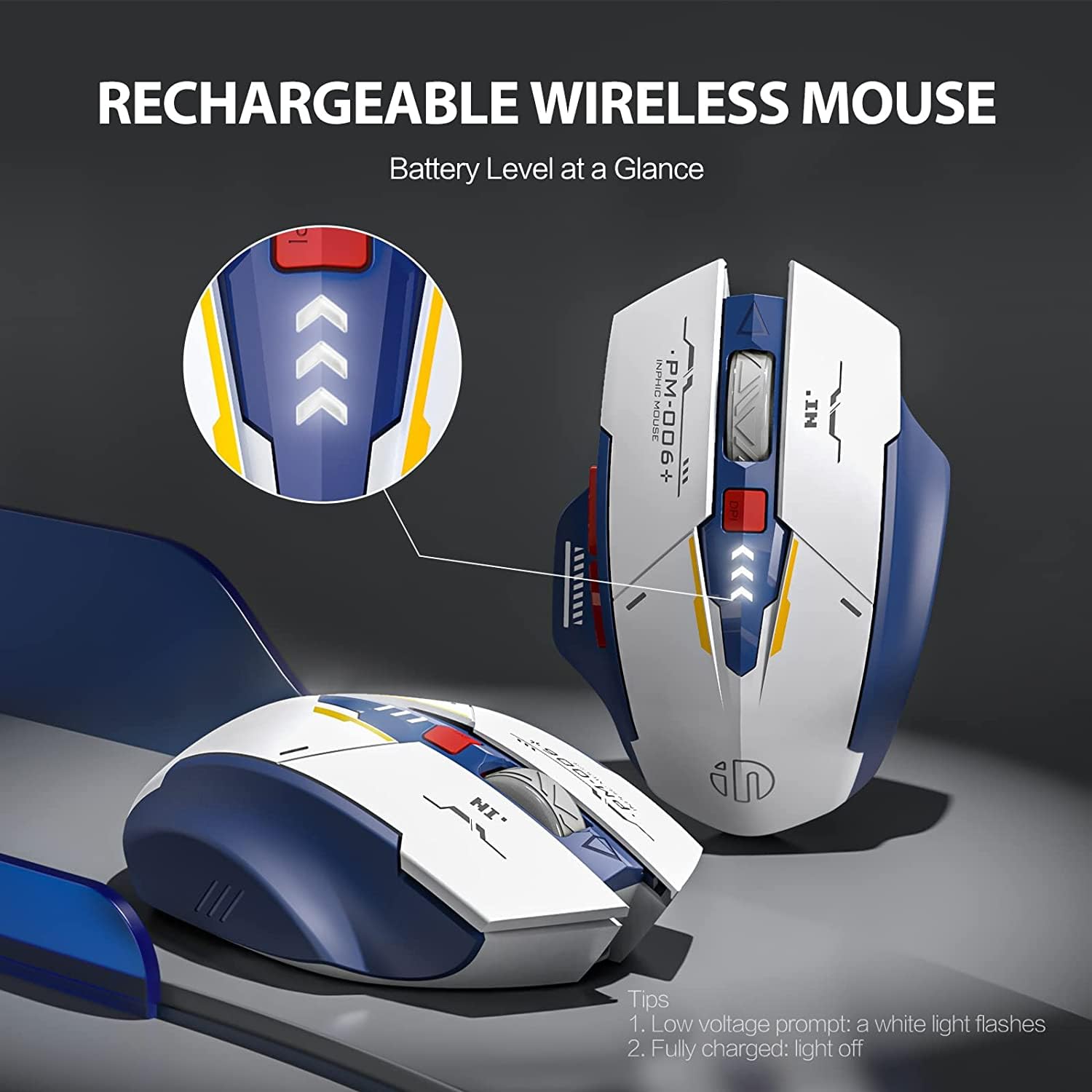 GameXtrem Wireless Mouse, Rechargeable Ergonomic Silent Mice with 2.4G USB Receiver Mecha Style Mouse Wireless for Laptop Computer Mac MacBook, Blue & White