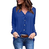 Womens Button Down Shirts V Neck Long Sleeve Blouses Loose Casual Formal Work Office Tops High-Low Hem Dressy Tunics