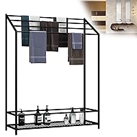Metal Free Standing Bath Towel Rack with Stainless Steel Towel Bars and Storage Shelf Tier Towel Holder Stand for Bathroom Kitchen/Black/70 X 25 X 120Cm