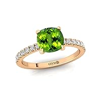Women's Statement Ring, Peridot 14kt Gemstone Birthsone Ring, 7MM CUSHION Shape with 32 Diamond/Jewellery for Women, Gift for Mother/Sister/Wife