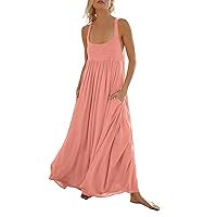 Holiday Classy Office Tank Tops Ladies Open Back Sleeveless Solid Color Crew Neck Tunic Dress for Women Fitted Pink XL