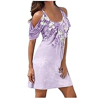 Outlet Clearance Summer Dresses for Women 2024 Cold Shoulder Short Sleeve A-Line Casual T-Shirt Dress Plus Size Swing Cute Mini Dress