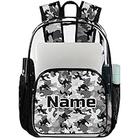 Camo Personalized Clear Backpack Custom Large Clear Backpack Heavy Duty PVC Transparent Backpack with Reinforced Strap, Camouflage Black Grey