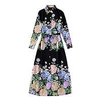 Women Floral Print Bow Sashes Midi Shirt Dress Female Long Sleeve Side Split Business Vestidos