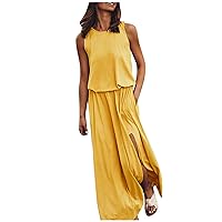 Side Split Dress for Women Cover Up Sleeveless Round Neck Ruched Solid Color 2024 Summer Dresses Long Maxi Casual Dress