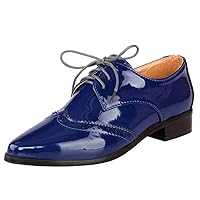 Womens Wingtip Oxford Flat Heel Patent Leather Shoes Pointed Toe Lace Up Pumps