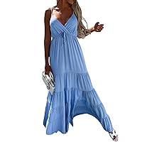 Summer Dresses for Women 2024, Women's Casual Deep V Neck Belt Solid Color Sleeveless Woman Vestidos, S, XL