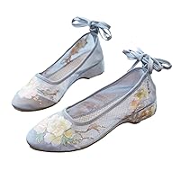 Long Ankle Strap Summer Women Gauze Mesh Embroidered Ballet Flats Breathable Comfortable Walking Shoes Gray 5