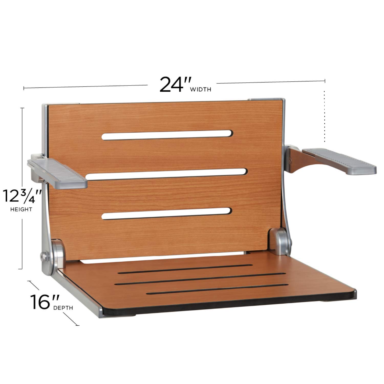 Seachrome Silhouette Comfort Folding Wall Mount Shower Bench Seat with Arms, Teak Seat with Silver Frame