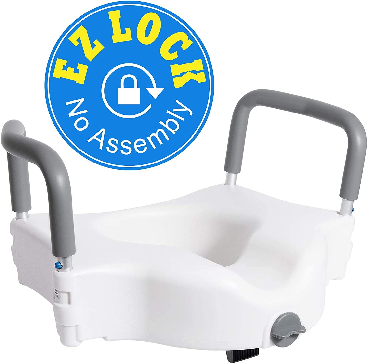 Vaunn Raised Toilet Seat and Elevated Commode Booster Seat Riser with Removable Padded Grab bar Handles & Locking Mechanism