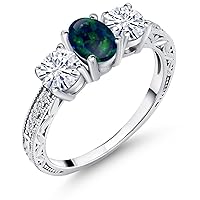 Gem Stone King 925 Sterling Silver 3-Stone Ring Oval/Cabochon Green Simulated Opal and Moissanite (1.75 Cttw)