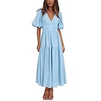 Woolicity Womens Summer Maxi Dress Wrap V Neck Short Sleeve Beach Flowy Long Dresses Blue