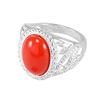 Silvesto India Festival Jewelry, Handmade Jewelry Manufacturer 925 Silver Plated, Simple 14x10mm Red Stone, Jaipur Rajasthan India Boho Style Ring Sz 8
