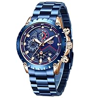 LIGE Men's Stainless Steel Blue Fashion Watch, Casual, Business, Quartz Watch, Waterproof, Multifunctional, Sports Watch, Popular, Date Display, C-Black, Bracelet Type