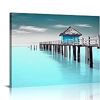 KANXLAN Teal Blue Coastal Canvas Wall Art for Bathroom, Black and White Beach Bridge Seascape Prints Picture Decor , Grey Nature Ocean Landscape Painting Artwork for Bedroom Living Room 20x16 in/16x12 in