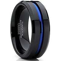 Men's Tungsten Carbide Black and Blue Wedding band Engagement Ring with Grooved Center, Comfort Fit 8mm