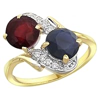 14k Yellow Gold Diamond Enhanced Genuine Ruby &Natural Quality Blue Sapphire 2-Stone Ring Round7mm,sz5-10