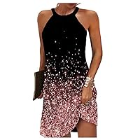 Womens Halter Dress Casual Floral Print Hollow Out Halter Neck A-line Sundresses for Beach Holiday