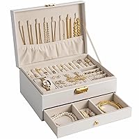 Jewelry Box for Women Girl Wife - Large PU Leather Jewelry Organizer Storage Case with Two Layers Display for Earrings Bracelets Rings Watches (White)