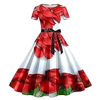 Semi Formal Dresses for Women Plus Size Petite,Women Valentine's Day Print Short Sleeve 1950s Housewife Evening