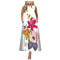 Floral Dress for Women, Women's Casual Printing Big Hem Dresswave Round Neck Sleeveless Long Dress