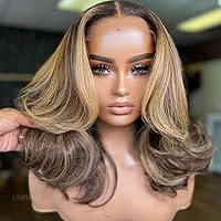 Brown and Blonde Highlight Wig 13x6 Deep Part Human Hair Lace Front Wigs Layered Wave Ombre Blonde Brown 27# Glueless Wigs for Women Natural Hairline 18inch 130Density