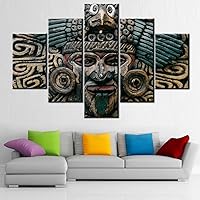 5 Piece Wall Art Ancient Mexico Totem Pictures Mayan and Aztecs Mask Paintings Printed on Canvas Giclee Contemporary Artwork Living Room House Decoration Stretched Framed Ready to Hang(60''W x 40''H)