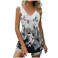 Womens T Shirts Sleeveless Tops Tee for Women V Neck Floral Long Slim Tunic Pleated Summer Fall Tee Shirt 2024