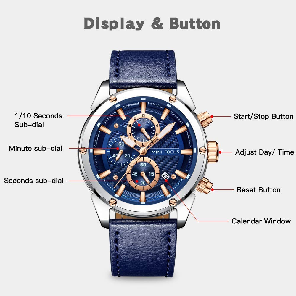 MF MINI FOCUS Mens Watch Business Casual Wrist Watches (Multifunction/Waterproof/Luminous/Calendar) Leather Strap Fashion Watch for Men