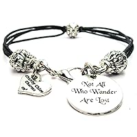 Not All Who Wander Are Lost, Pewter Beaded Black Waxed Cotton Cord Bracelet, 2.5