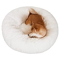 Calming Dog Bed, 20In Donut Dog Bed, Anti Anxiety Dog Bed & Cat Bed, Machine Washable Fluffy Plush Round Dog Beds for Small Medium Dogs Cats (Small, White)