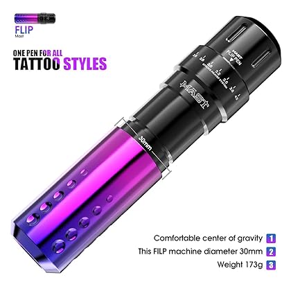 Mast Flip Rotary Machine Wireless Tattoo Pen Kit Tattoo T1 Battery Supply Power Cartridges Needles (Flip Purple Kit)