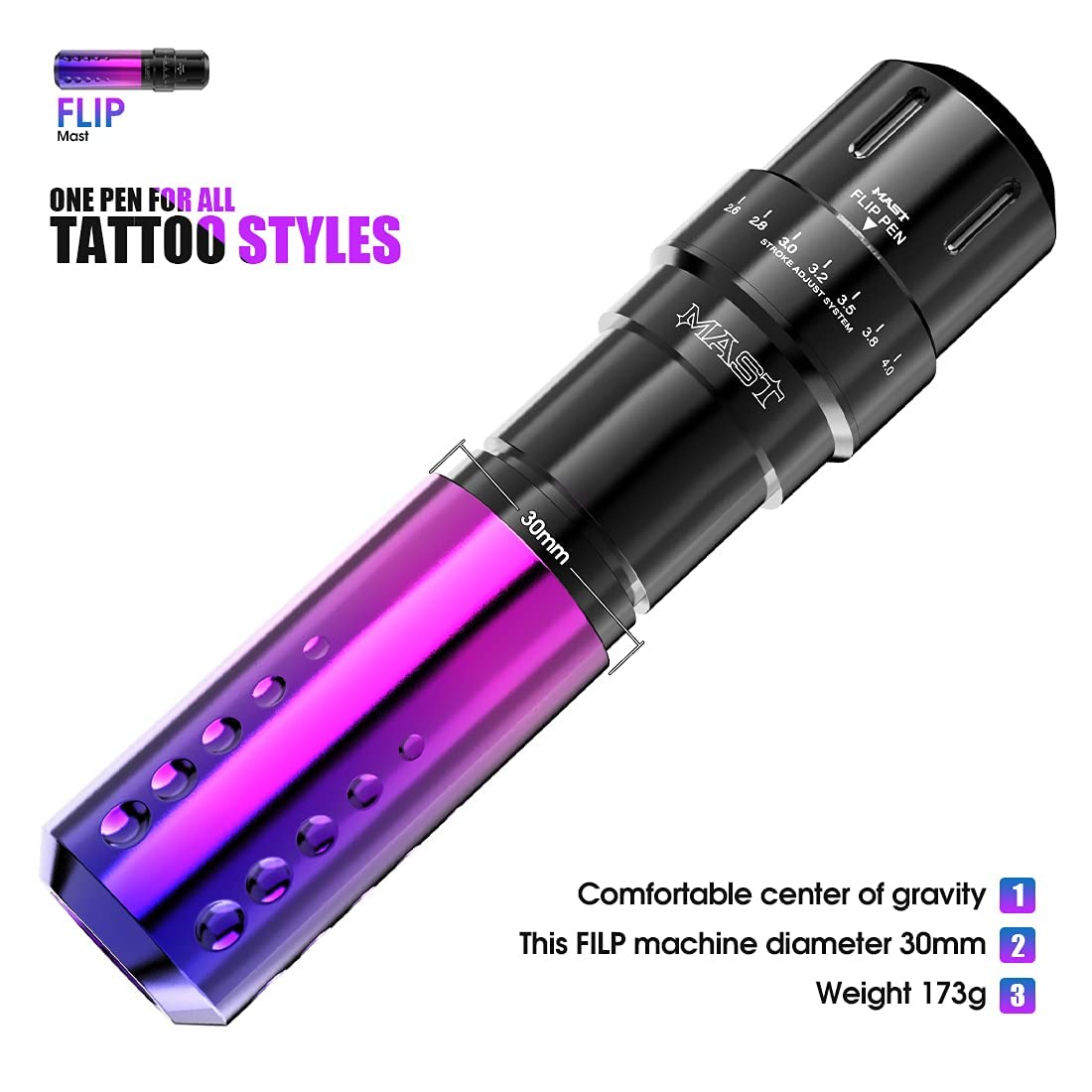 Mast Flip Rotary Machine Wireless Tattoo Pen Kit Tattoo T1 Battery Supply Power Cartridges Needles (Flip Purple Kit)