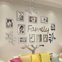 Family Tree Wall Decor Acrylic 3D DIY Mirror Stickers Picture Frame Collage Home Decorations for Living Room Bedroom Dinning Office New House Gifts Silver Set Large 47x47 Inch