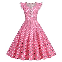 Women's 50s 60s Vintage Flutter Sleeve Cocktail Party Dress V Neck Buttons Ruffle Polka Dot Audrey Homecoming Dresses