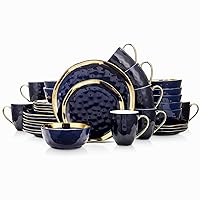 Stone Lain Florian Modern Porcelain Dish Set, 32-Piece Dishes for 8, Gold and Blue