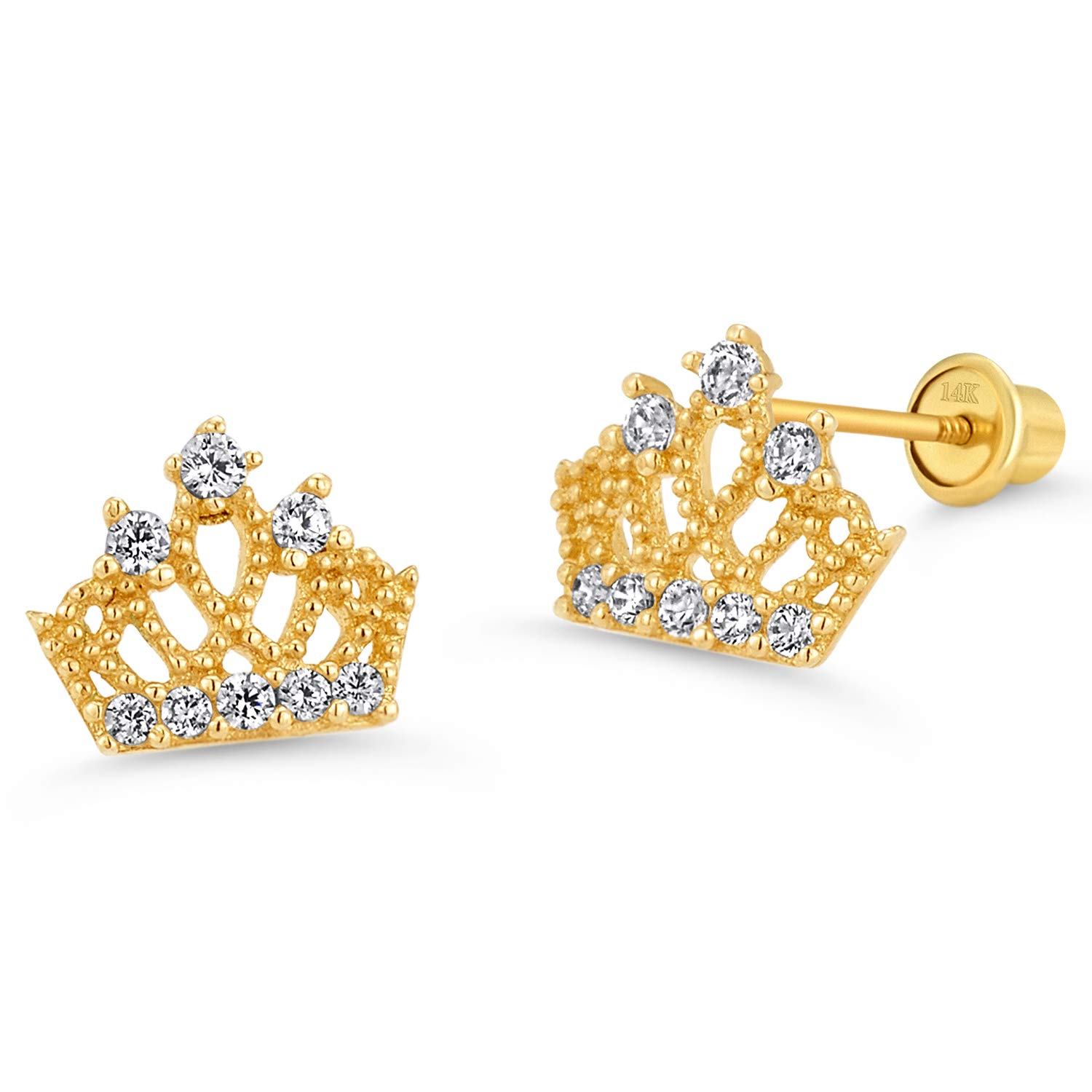 14k Yellow Gold Princess Crown Cubic Zirconia Children Screwback Baby Girls Stud Earrings