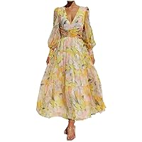Womens Spring Lantern Sleeve V Neck Ruffle Tiered Floral Maxi Dress Casual High Waist Boho Chiffon Flowy Long Dresses