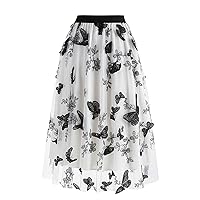 Womens Tulle Butterfly Skirt A-Line Layered Vintage Skirts Party Cocktail Evening Pleated Skirt Teen Girls Elegant Midi Skirt