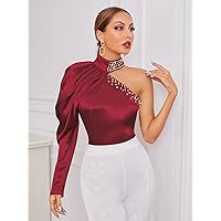 Women's Tops Shirts for Women Sexy Tops for Women Satin Leg-of-Mutton Sleeve Pearls Blouse Shirts for Women (Color : Burgundy, Size : X-Large)